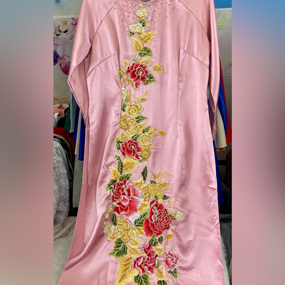 Ao dai Valentino loại 1, New Vietnamese traditional long dress set 3xl 10 pink